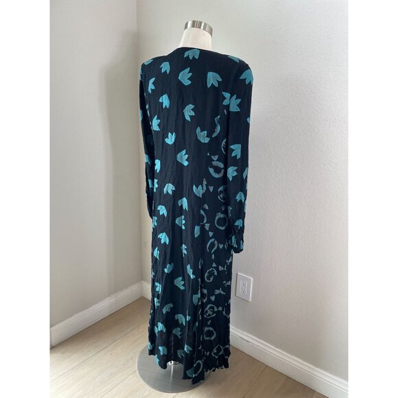 Vintage Carole Little Womens 10 Black Teal Long Sleeve Button Up Midi Dress - Picture 6 of 11